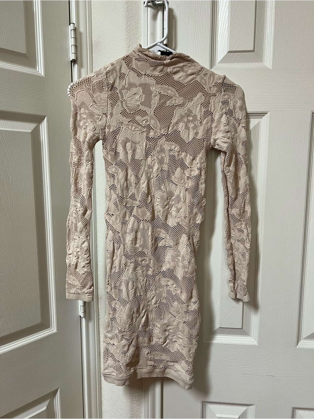bebe Beige Long Sleeve Floral Lace Bodycon Dress